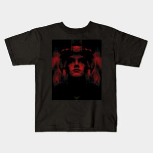 Portrait, digital collage, special processing. Dark, strong. Guy face looking up high. Fantasy. Red. Kids T-Shirt